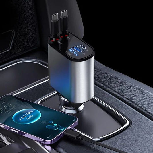 4-in-1 Retractable Car Charger with Dual USB-C PD Cables & USB-A Port – Fast Charging for iPhone, Samsung & Tablets
