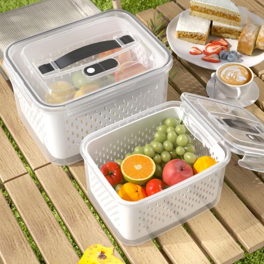 Airtight Fridge Organizers, Fruit and Vegetable Storage Containers with lids, Portable Outdoor Picnics Food Storage with Removable Colanders