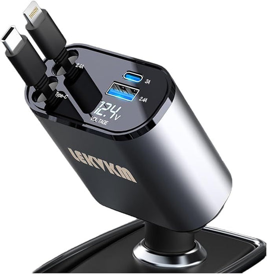 4-in-1 Retractable Car Charger with Dual USB-C PD Cables & USB-A Port – Fast Charging for iPhone, Samsung & Tablets