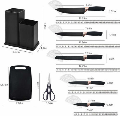 طقم أدوات طهي وسكاكين للمطبخ مكون من 19 قطعة مع حامل
